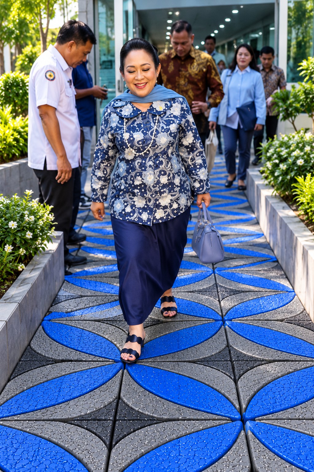Contoh aplikasi paving karet dengan pola geometris